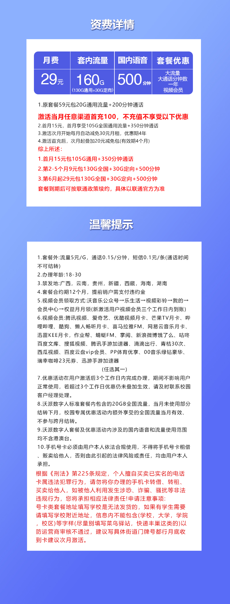 联通飞豚卡29元包130G通用+30G定向+500分钟通话